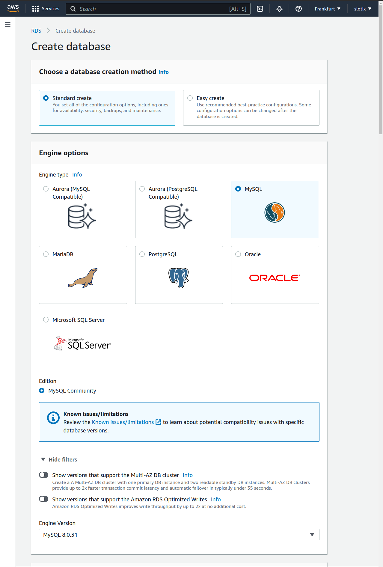 Create new Amazon RDS for MySQL database